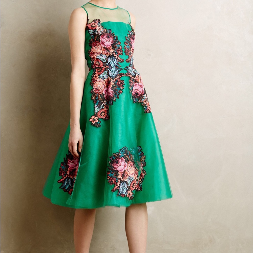 Anthropologie Green Tulle Midi Dress